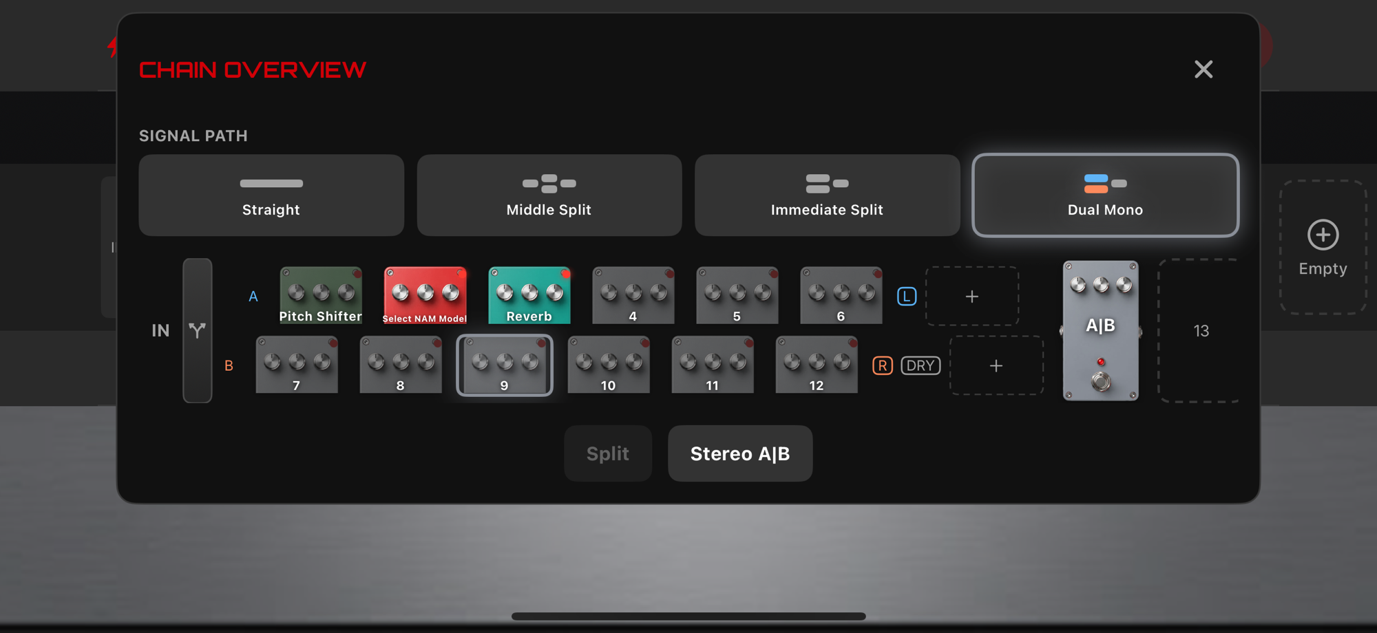 Ampz Chain Overview showing a Dual Mono split rig with lanes A and B and the Signal Path templates