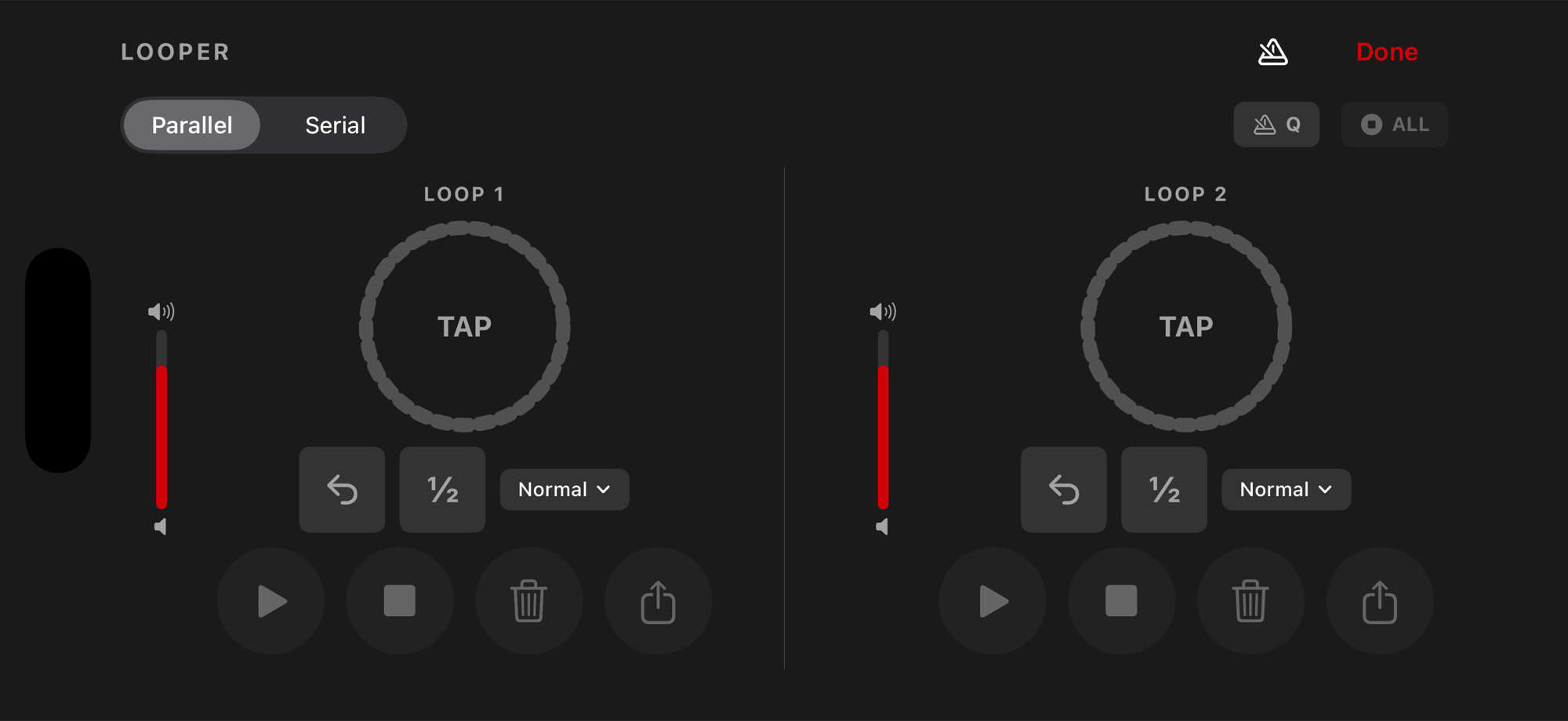 Ampz looper with dual circular waveform display for recording and overdubbing