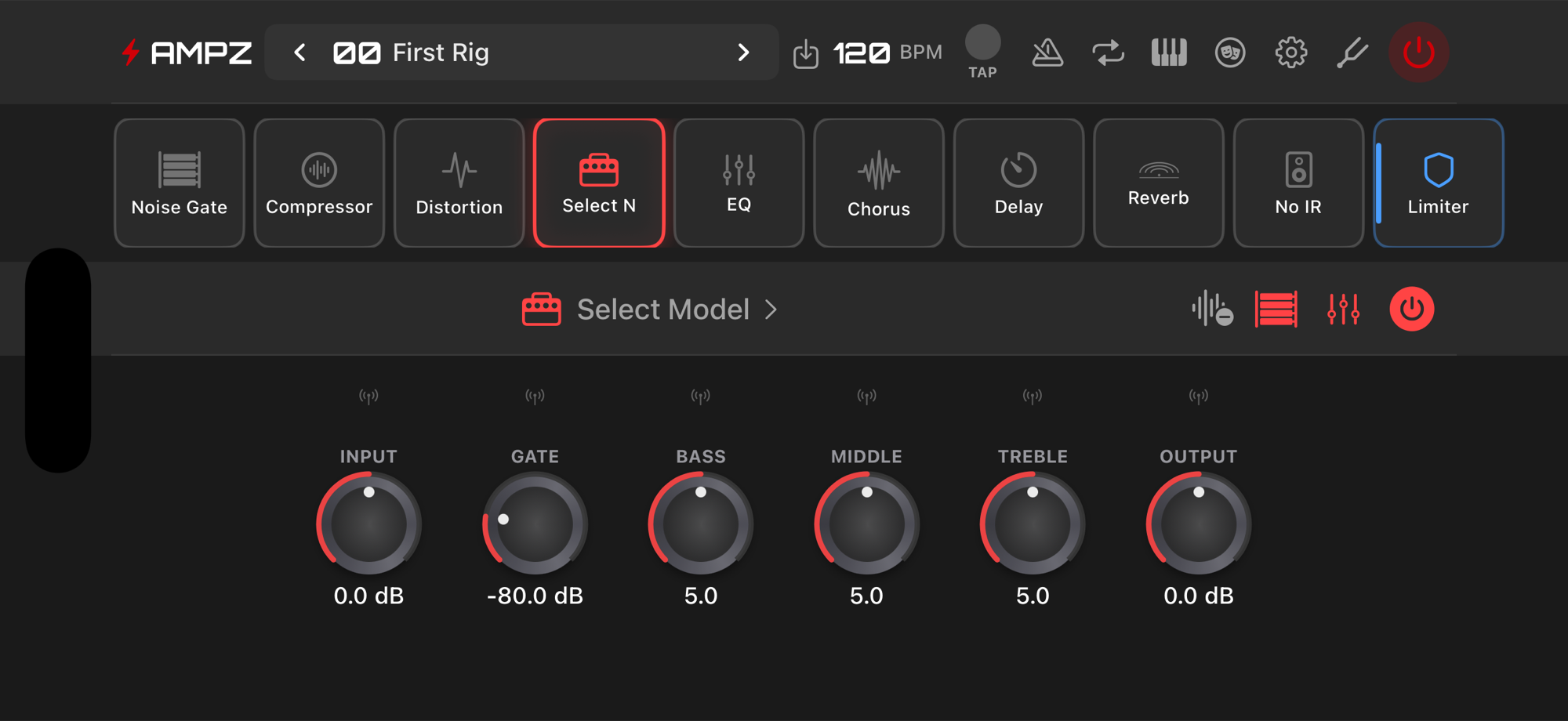 Ampz main interface showing 10-slot effects chain and NAM amp controls on iPhone