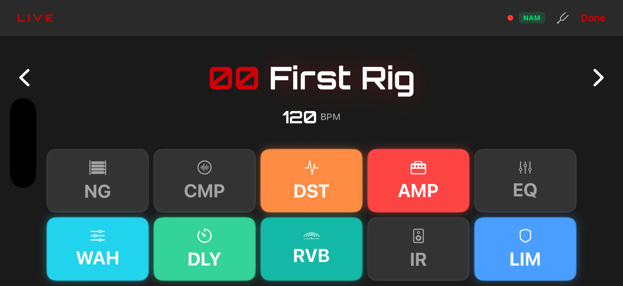 Ampz performance view showing real-time latency meter and pedalboard grid