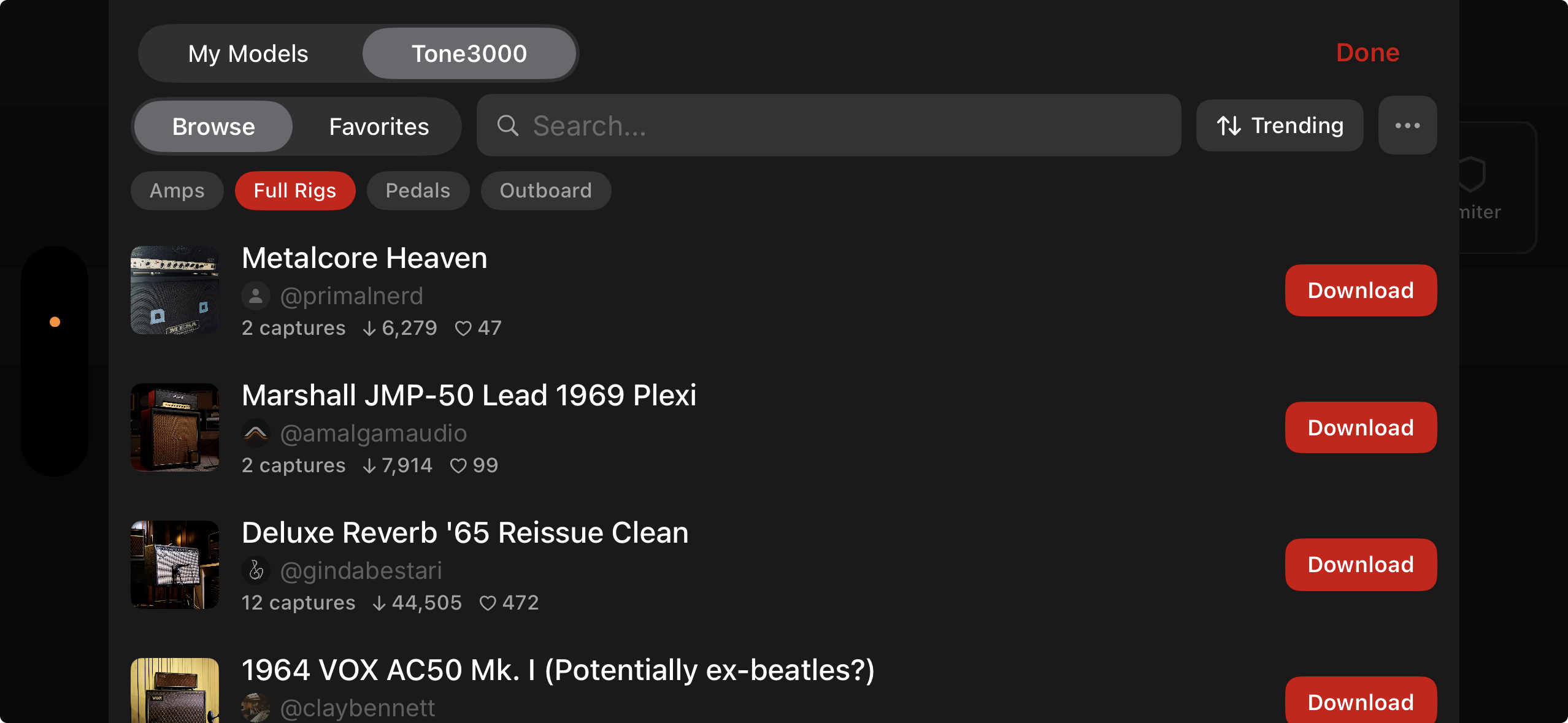Ampz in-app Tone3000 browser showing NAM captures with cover artwork and download stats
